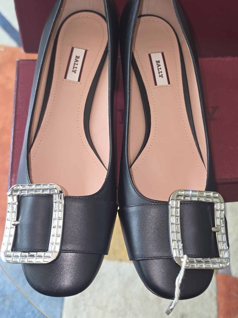 Bally Black Leather Flats with Crystal-Trim Buckles